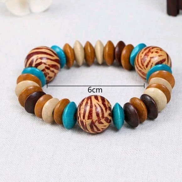 💖  2/$30 Boho chunky brown turquoise wood beaded elastic stretch charm bracelet - Picture 8 of 9
